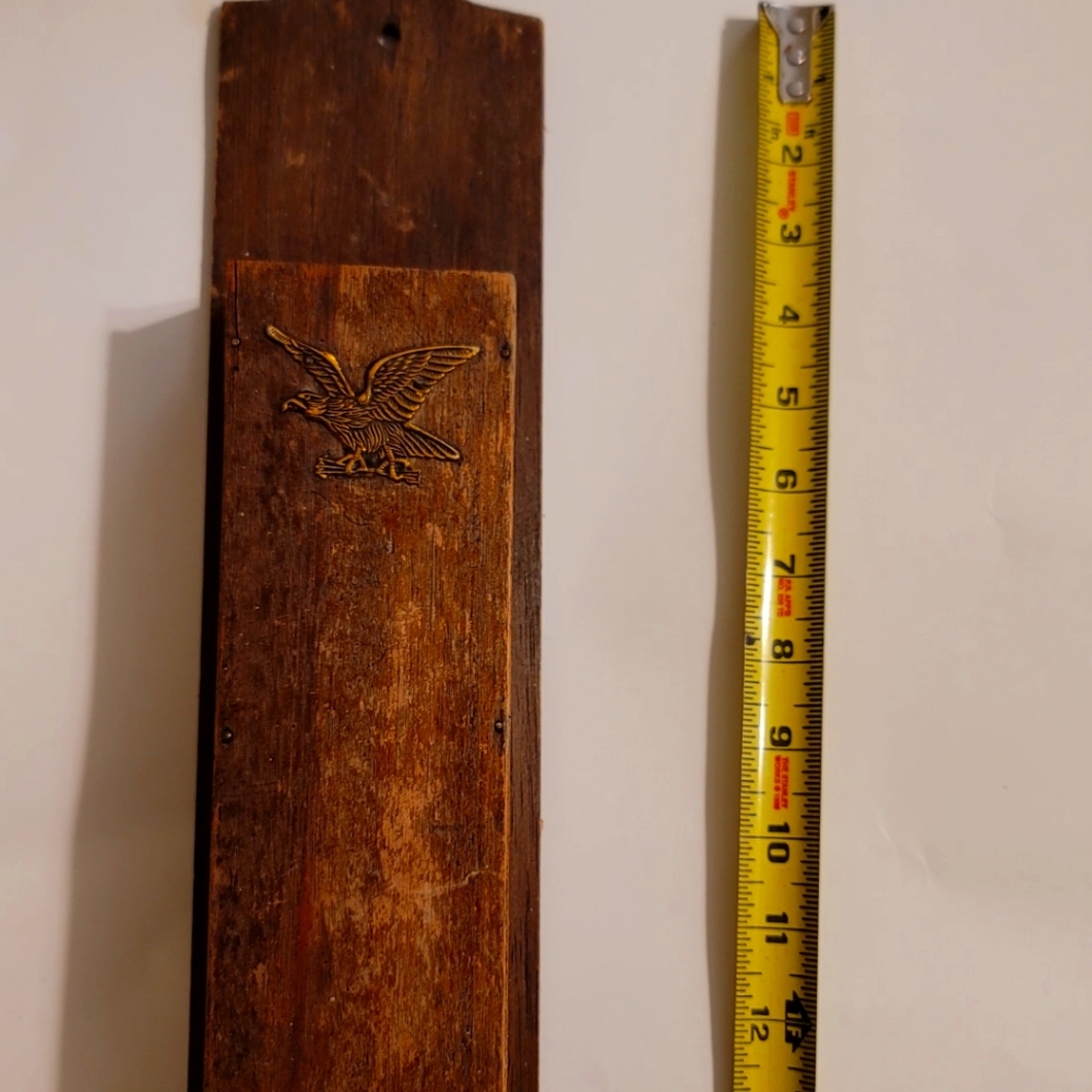 Vintage Wood Fireplace Long Match Stick Holder Brass Eagle Wall Decor 13 3/4"
